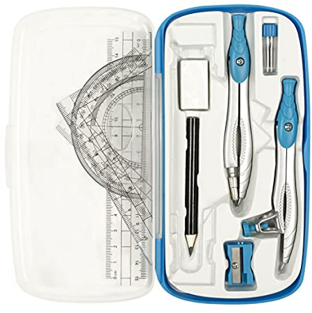 Lifreer Maths Set, Geometry Set For Secondary School,10 Pcs Protractor and Compass Set, Ruler Set For Drafting And Drawing (Blue)