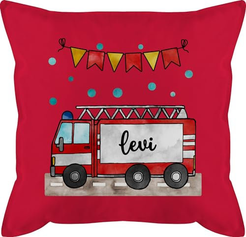 Kissen 50x50 - Feuerwehrauto Motiv I Leiterwagen Geschenk Feuerwehr I Löschzug - 50 x 50 cm - Rot - feuerwehrkissen personalisiertes jugendfeuerwehr Name füllung personalisierte Geschenke Kind