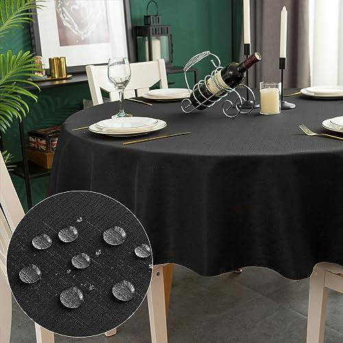 Yeahshion Runde Tischdecke Fleckabweisend Schwarz Φ120cm, wasserdichte Tischdecke Polyester-Leinen-Optik für Tisch, Esszimmer, Restaurant Schutz (Schwarz, Φ120cm)