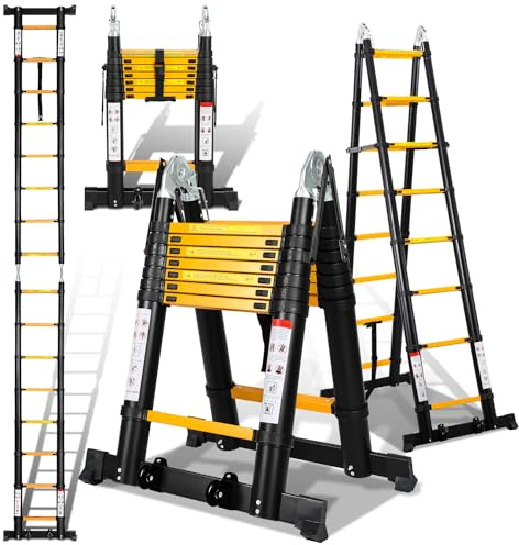 Eulenke Teleskopleiter 2,5M+2,5M Aluminium Trittleiter 8+8 Stufen Stehleiter Klappleiter, 150 kg Belastbarkeit, Teleskop Ausziehleiter Haushaltsleiter, Aluleiter, Ausziehbare Leiter Schwarz Gelb