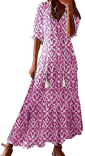 WVONIF Robe Femme Ete Mi Longue Fluide de Soirée Chic Casual Manches Longues Imprimé Floral Col V Maxi Printemps Été Vintage Élégant Boho de Plage Rose Poudré