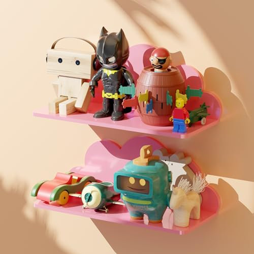 Toski Wandregal Ohne Bohren 2er Set, 26cm Niedliche Wolken Kleberegal for Kinderzimmer Bad, Acryl Hohe Härte Regale für Wände, Leicht zu Reinigen Regal Zum Kleben, Bücherregal Kinder Wand, Badezimmer