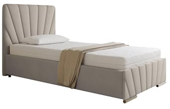 PANDA MÖBEL RAY Polsterbett 100 x 200 cm Doppelbett mit Stauraum aus Kiefernholz, Schlafzimmer, Bequem, Modern, Stilvoll- beige