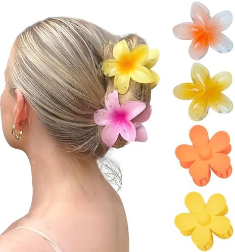 Flower Hair Clips 4PCS Cute Hair Claw Clip Hawaiian Flower Claw Clips Matte Large Claw Clips Strong Hold Jaw Clamps Thick Hair Accessories Thin Hair Claw for Women Girl Gift (Colour2)