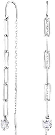 JC Jeweller Carat Damen Einfädel Ohrringe 925 Sterling Silber rhodiniert Lange Kette Ohrringe Zirkonia Ohrhänger mit Geschenkbox (Büroklammer)
