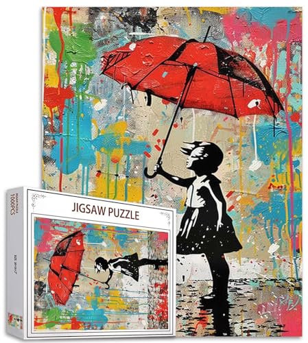 Tucocoo Puzzle mit rotem Regenschirm, 1000 Teile für Erwachsene, abstraktes Banksy-Stil, Puzzles für anspruchsvolle Familienaktivitäten, buntes DIY-Handarbeitspuzzle für Heimdekoration, Geschenke