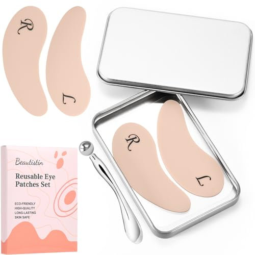 Beautistin Under Eye Patches Silicone - 2 Pairs Reusable Eye Patches, Eye Wrinkle Patches, Reusable Under Eye Mask, Plump Fine Lines & Wrinkles, with Metal Eye Cream Applicator, Tin Case, Cream Color