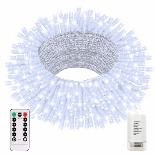 echosari 20M Battery Operated String Lights with Remote, 200 LED String Lights Timer Waterproof Fairy Lights for Outdoor Home Garden Party Christmas Trees Bedroom Decor(Cool White)