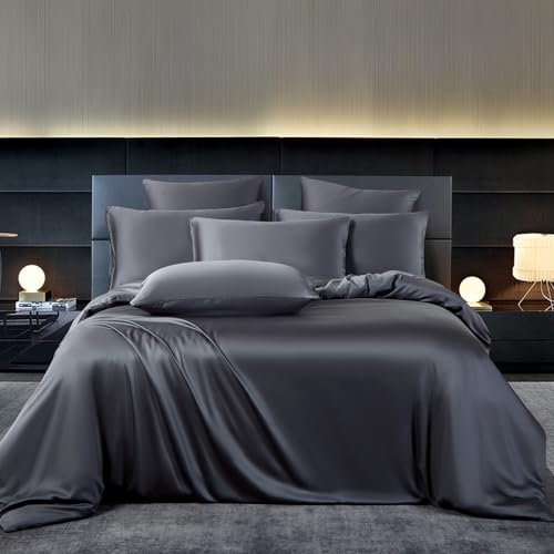 YASMENG Bambus Bettwäsche 155x220 Grau Uni Einfarbig 50% Bambus Lyocell Bettwäsche Kühlend Weich Atmungsaktiv Luxus Seidig Seide Bettbezug Set 3 Teilig mit Reißverschluss und 2 Kissenbezüge 80x80 cm