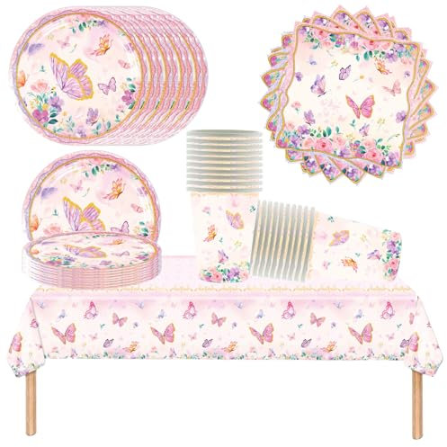 Coordinati da tavola per feste con farfalle colorate, coordinati da tavola per compleanni per bambini, inclusi tazze, piatti, tovaglioli e posate, adatti per feste di compleanno, feste per bambine