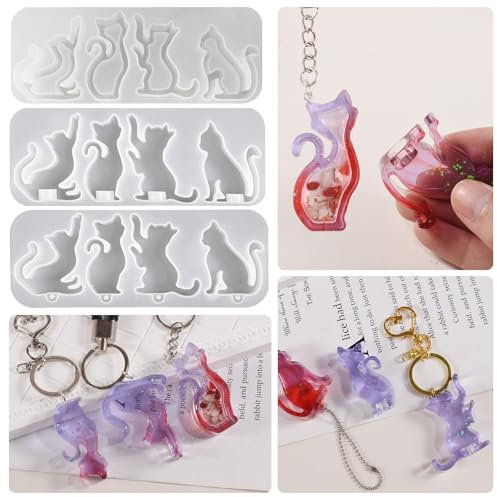 Bekecidi 3 moldes de resina epoxi, moldes de silicona para llavero, moldes de silicona de gato para fundición de resina, llavero de resina animal, molde colgante de silicona para gatitos, kit de
