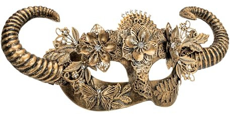 MIMIKRY Venezianische Augenmaske mit Widder-Hörnern Gold Commedia dell'arte Blumen-Maske Halloween