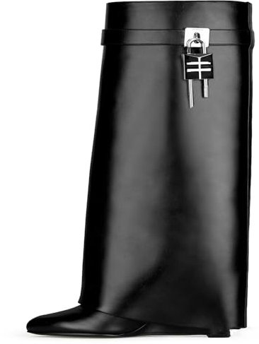 Generisch Stivali alti al ginocchio da donna con lucchetto in metallo, zeppa e ampio polpaccio da infilare, Nero , 36 EU