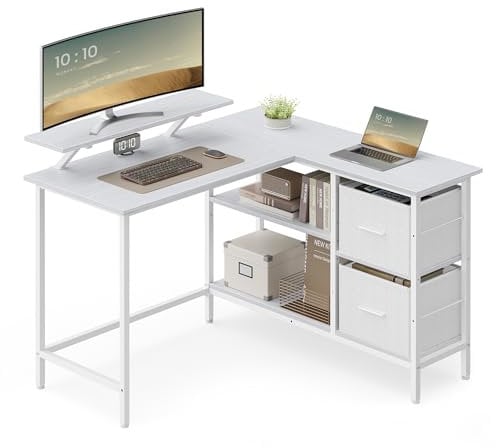 VASAGLE L-Shaped Desk with 2 Spacious Drawers, Gaming Desk with Monitor Stand, Corner Desk, Computer Desk with Adjustable Storage Shelf, for Home Office, Maple White LWD097W01