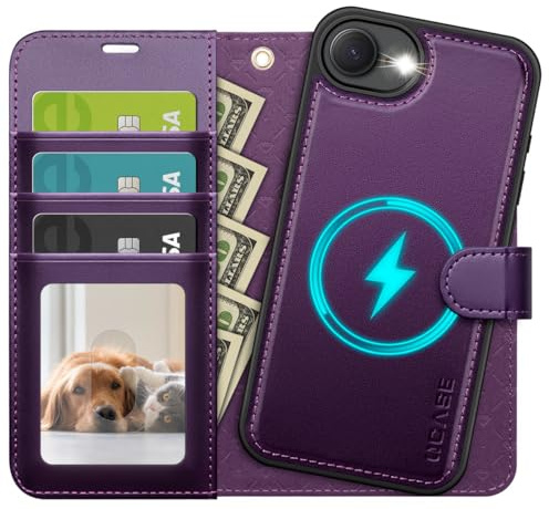 OCASE Housse Magnétique Amovible 2 en 1 pour iPhone 17e/16e Violet Foncé | Portefeuille 2-en-1 Aimanté, Coque à Rabat en Cuir PU, Blocage RFID, Support Intégré, Fentes pour Cartes, Antichoc