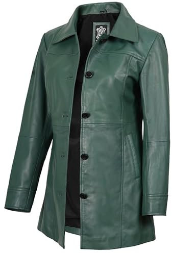 Blingsoul Lederjacke für Damen, Vintage-Stil, lange Lederjacke für Damen, Kandis - Grüne Jacke, M