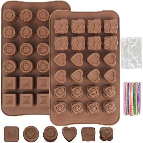 Flower/Round Silicone Chocolate Moulds 2pcs, Flexible for Gummy Baking | Non-Stick 3d Design for Candy, Fondant and Mini Desserts; Includes 100 Zip Ties for Diy Treats, Parties and Holiday Gifts