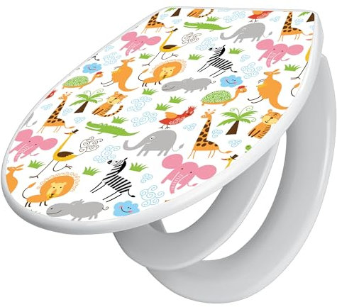banjado Familien WC Sitz mit Absenkautomatik 44,5x37cm / Klodeckel/Klobrille mit Kindersitz aus hochwertigem Polypropylen/Toilettensitz Kindersitz integriert Motiv Fröhliche Tiere