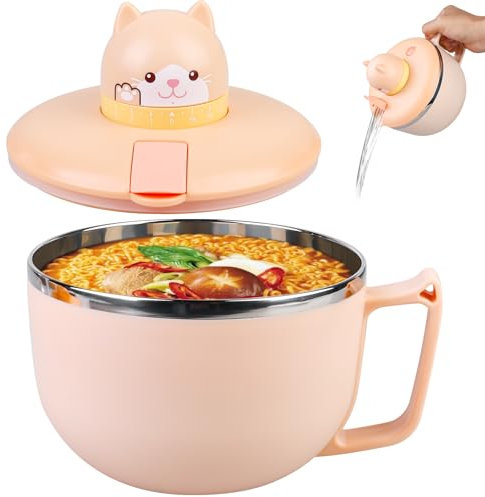 Ramen Bol avec couvercle : 1200 ml, grand bol à nouilles instantanées, en acier inoxydable, avec minuterie, portable, étanche, pour pâtes, soupe, bento, déjeuner