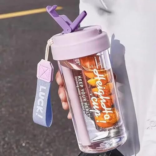 Fruit Infuser Water Bottle, 600ml, Purple, Leak-Proof with Straw and Carry Strap