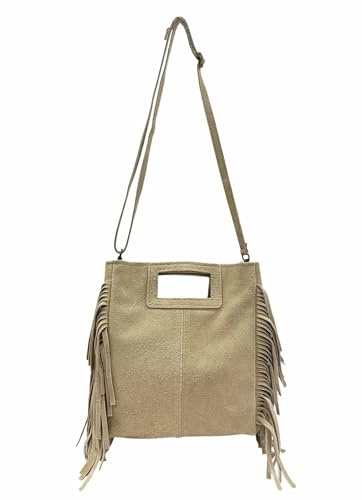 Jeamis Wildleder Rauhleder Umhängetasche mit Fransen Veloursleder Tasche Leder Leo Made in Italy (ModelA Beige)