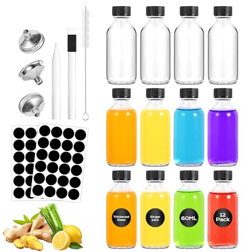 Yokuni 12 Piezas Botes Cristal Pequeños, 60ml Mini Botellas de Cristal | Botellitas Pequeñas Para Rellenar Lncluye Embudo de acero Inoxidable y Etiqueta, para Especias, Favores de Boda y Fiestas