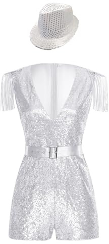 TiaoBug Damen Pailletten Jumpsuit Pailletten Tiefer V-Ausschnitt Overall Slim Fit Hosenanzug Kurz Einteiler mit Glitzer Gürtel + Paillettenhut Modern Jazz Outfits Silber XL