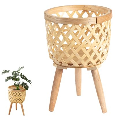 Weldphur Rattan Plant Stand, Woven Plant Pot Stand With Wooden Legs, Indoor Wicker Basket Flower Pot Plants Stands, Large Handwoven Basket Floor Planter For Home Decoration