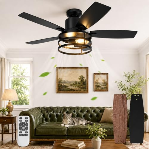 HEMVOR 132cm Deckenventilator mit Beleuchtung Doppelseitige Flügeln, Leise Deckenlampe mit Ventilator, Fernbedienung Timer, 6 Geschwindigkeiten DC Motor Umkehrbar, 2700K, für Schlafzimmer Wohnzimmer