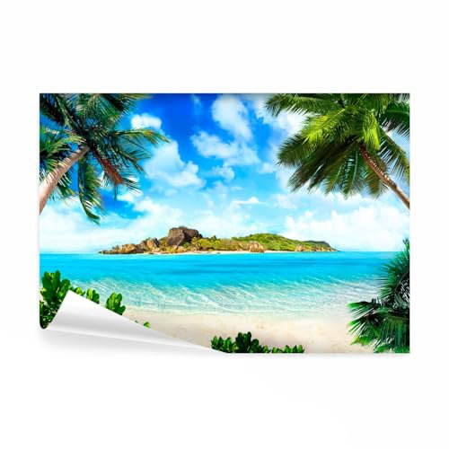 decomonkey Fototapete selbstklebend Strand 245x175 cm XL Selbstklebende Tapeten Wand Fototapeten Tapete Wandtapete klebend Klebefolie Insel Meer Palmen Sonneatur Landschaft