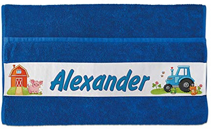 Unikatolo Strandtuch mit Name auf BORDÜRE | Traktor blau, Badetuch, Kinderhandtuch Bauernhof, Landwirt Kindergarten Kita Geschenk Jungs (70 x 140 cm)
