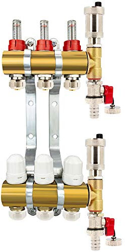 Millto™ Messing Heizkreisverteiler Fußbodenheizung 3 Heizkreise 16x3/4 PEX Rohr Adapter | Verteiler Entlüftungsset Automatische Entlüftung Flowmeter Thermostatventil Eurokonus