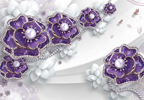 wandmotiv24 Fototapete Blumen Perlen 3D violett weiß, XL 350 x 245 cm - 7 Teile, Wanddeko, Wandbild, Wandtapete, Abstrakt Blüten M6090