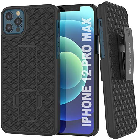 PunkCase iPhone 12 Pro Max Holster Belt Clip Case W/Screen Protector & Built-in Kickstand | Dual Layer Hybrid TPU 360 Full Body Protection [Slim Fit] for iPhone 12 Pro Max (6.7) [Black]