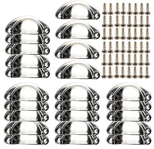 Shell Door Handles, 24 Pieces Retro Metal Kitchen Drawer Cabinet Door Handle with 48 Pieces Screws Furniture Knobs Shell Cup Semicircle Pull Knob Handle for Cupboard, Door, Drawer Silver