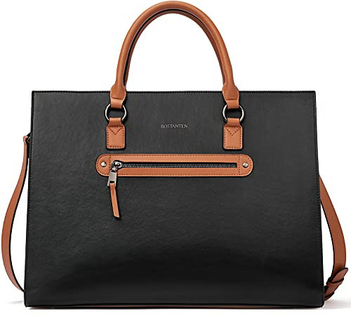 BOSTANTEN Leder Aktentasche für Damen 15.6 Zoll Laptop-Schultertaschen Frauen Handtaschen Businesstasche Vintage Umhängetasche Schwarz