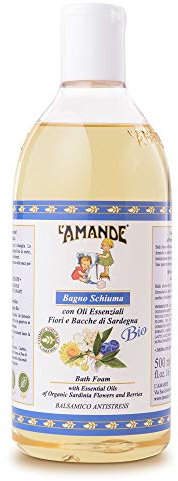 L'AMANDE - Bagnoschiuma Uomo e Donna con Oli Essenziali Bio, Docciaschiuma Gel Detergente e Idratante Corpo Antistress - Bagno Schiuma Delicato e Naturale al Mirto, Fiori e Bacche di Sardegna, 500 ml