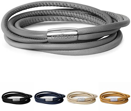 CHAMOON® Lederarmband Damen Grau - Armband Damen Leder Wickelarmband Damen Personalisiertes Armband Leder Damen, Charm Armband Frauen XL 43,00 cm