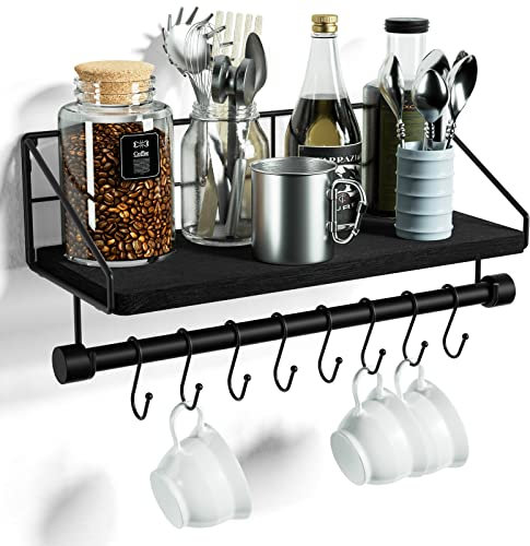 Alsonerbay Kitchen Shelf Wall Mounted Wood Floating Wall Shelves with Hooks Rustic Shelf with Towel Bar for Bathroom, Bedroom, Living Room Black