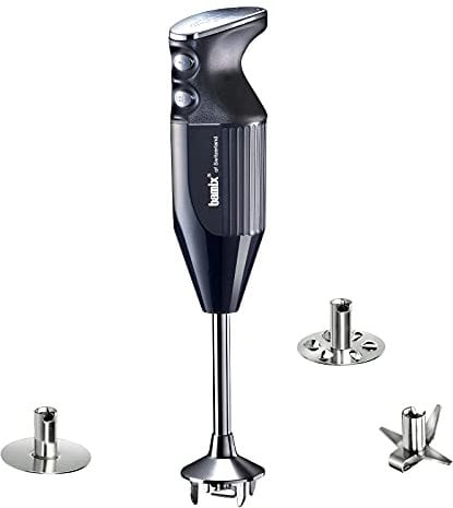 bamix Set avec mixeur plongeant M250 PRIME avec couteau étoile, disque fouet et disque mélangeur en inox, 250 W, 2 vitesses, Fabriqué en Suisse, Noir/Chromé