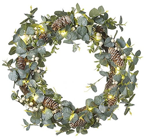Weihnachts Türkranz aus Eukalyptus und Tannenzapfen, beleuchtet, 40 cm, Grün
