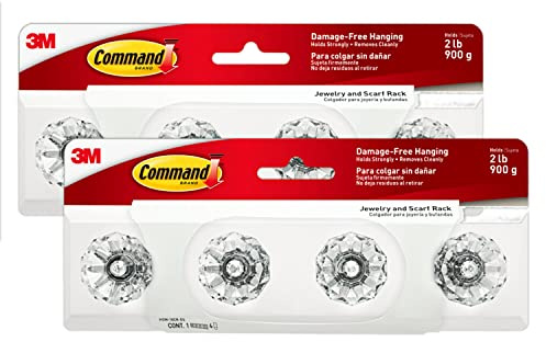 Command Crystal Knob Jewelry and Scarf Rack, Holds up to 2 lb, Total 2 Scarf Organizers with 8 Command Strips (2-Pack of 1 Rack), Damage Free Bedroom and Cloest Organization for Accessories