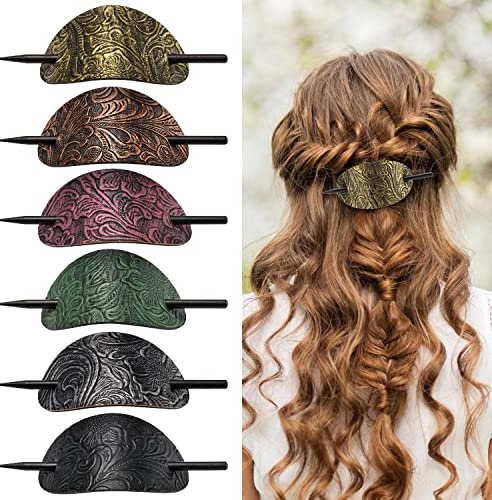 Noverlife 6 PIECES Pince à cheveux avec tige, simili-cuir, barrettes, pousse-cheveux, support pour queue de cheval, ornement de cheveux de style bohème, pince à cheveux avec tige de poussée en boi