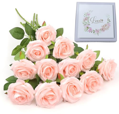 LVEFIT Künstliche Rosenblüten, rosa Rosen, Seidenblumen, 12 Stück, mit langem Stiel, Seidenrosen, Blumenstrauß für Hochzeit, Brautparty, Party, Heimdekoration