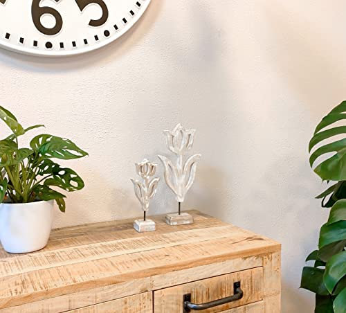 Holz Skulptur Tulpe weiß-braun Dekofigur Tisch-Deko Holzblume Figur 2er Set - 21 und 31cm