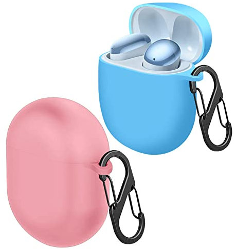 [Confezione da 2] easyBee Cover Custodia in Silicone + 2 Moschettone Portachiavi, Compatibile con Xiaomi Redmi Buds 4 Cuffie Bluetooth, Protezione Completa Antiurto - Azzurro Cielo e Rosa