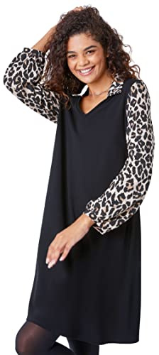 Roman Originals Contrast Animal Print Swing Dress for Women UK - Ladies Everyday Holiday Autumn Winter Pull-On V-Neck Long Sleeves Comfy Soft Vacation Work Leopard - Black - Size 12