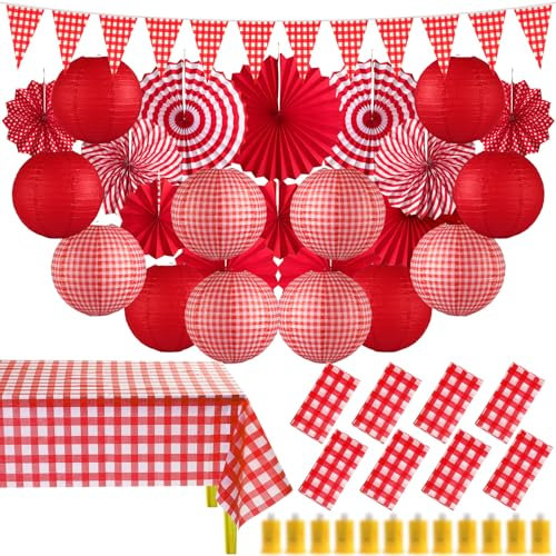 Moukeren Picknick Party Dekorationen Set Papierlaternen mit LED Lichtern Rot und Weiß Kariert Gingham Wimpel Banner mit hängenden Papierfächer Tischdecke für Karneval Picknick BBQ Party Supplies