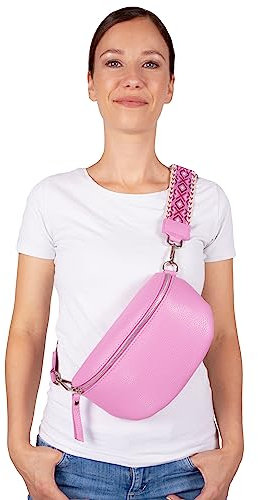 Umhängetasche Crossbody Bag Gürteltasche in Gr. M aus 100% Leder mit breitem Gurt - Helen (rosa)