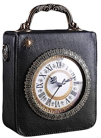 KINROCO Echt Funktionierende Uhr Umhängetasche für Frauen und Mädchen PU-Leder Steampunk Handtasche Retro Umhängetasche(Color:Schwarz)